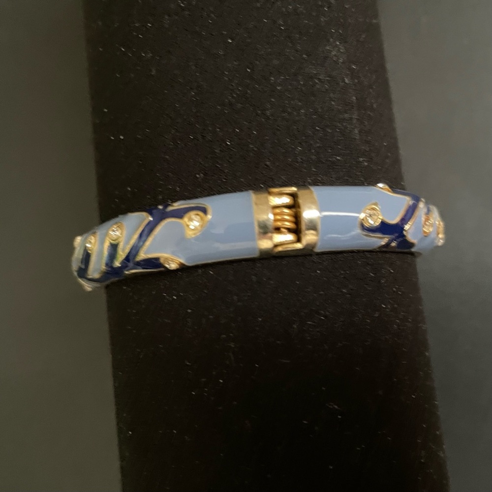 Blue Enamel Rhinestone Hinged Bangle Bracelet - Picture 4 of 4